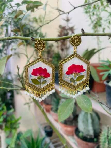Hexagonal Red Rose Bud Glitter Jhumka