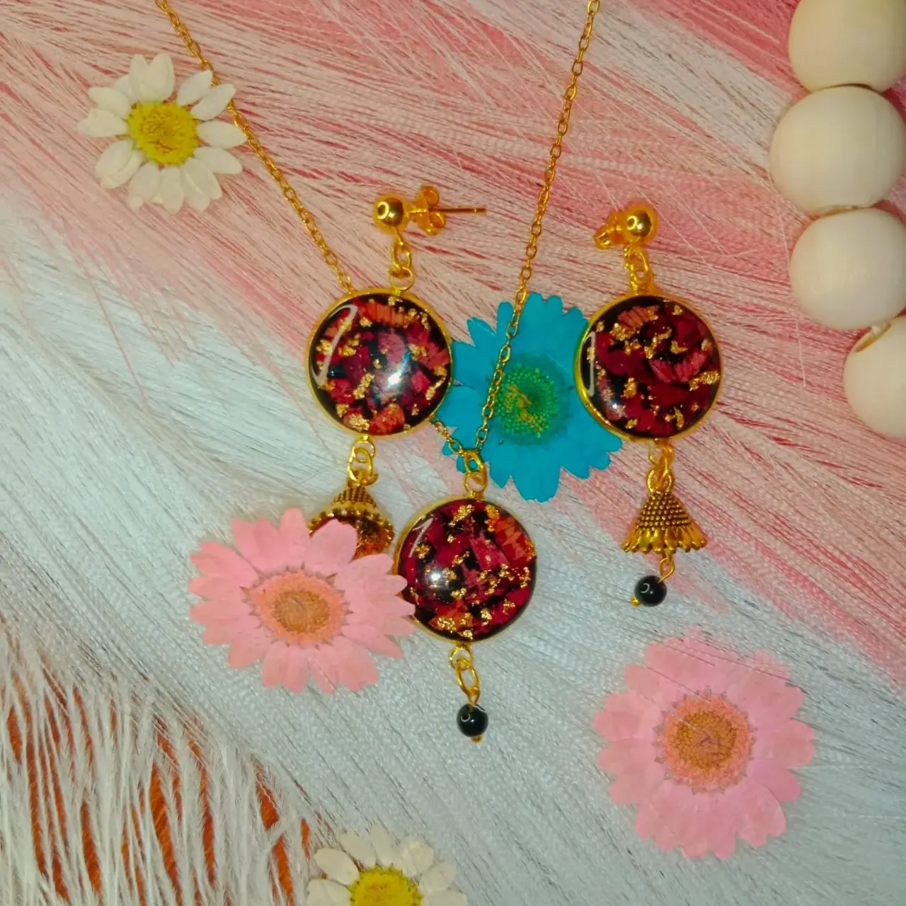 Mini Resin Pendant & Earrings with Crushed Rose on Black Base